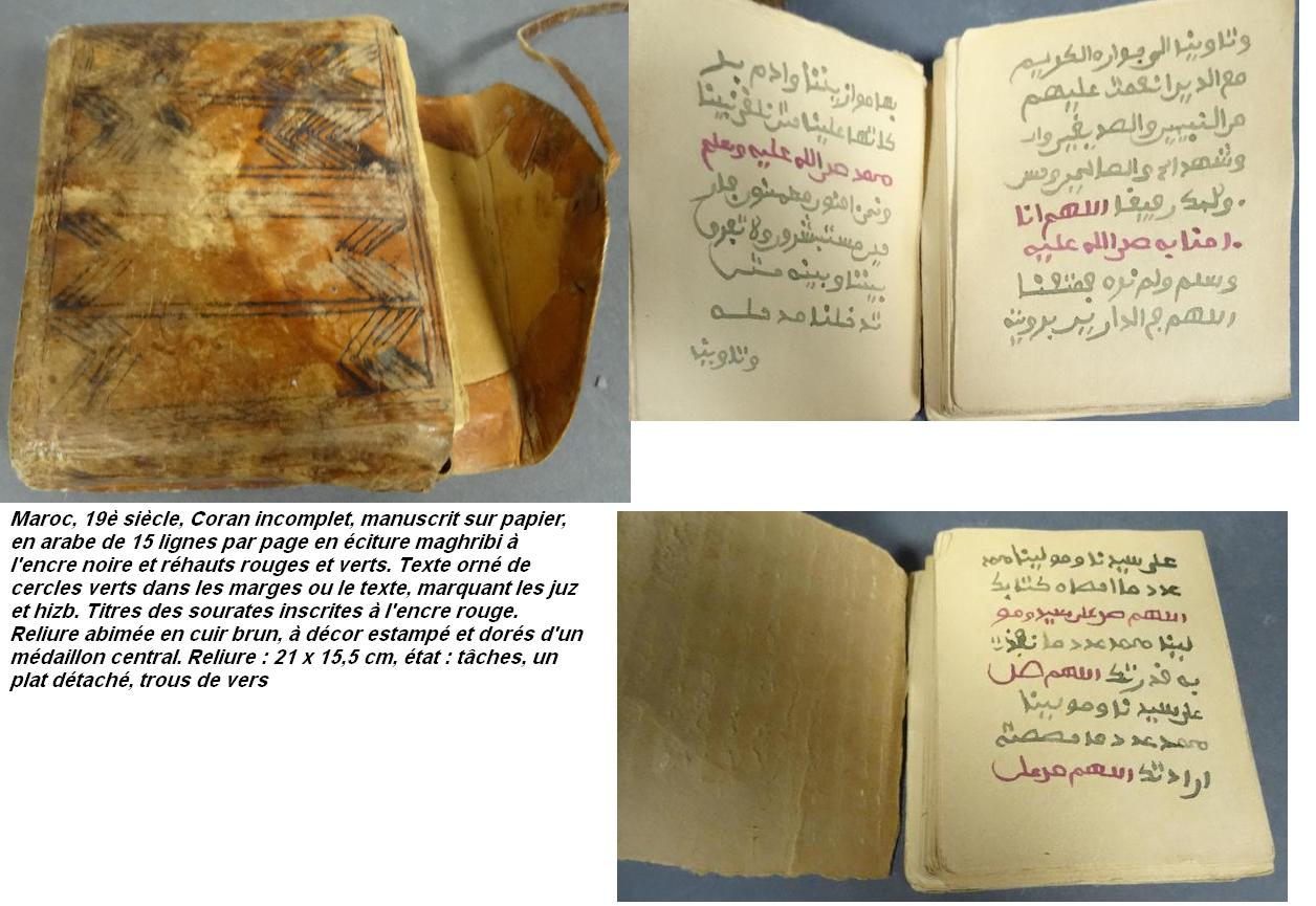 Maroc xixe s coran incomplet manuscrit sur papier en arabe de 15 lignes par page en eciture maghribi a l encre noire et rehauts rouges et verts