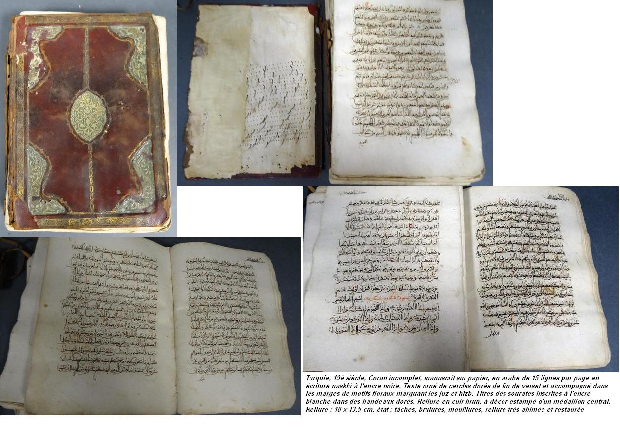 Turquie xixe s coran incomplet manuscrit sur papier en arabe de 15 lignes par page en ecriture naskhi a l encre noire